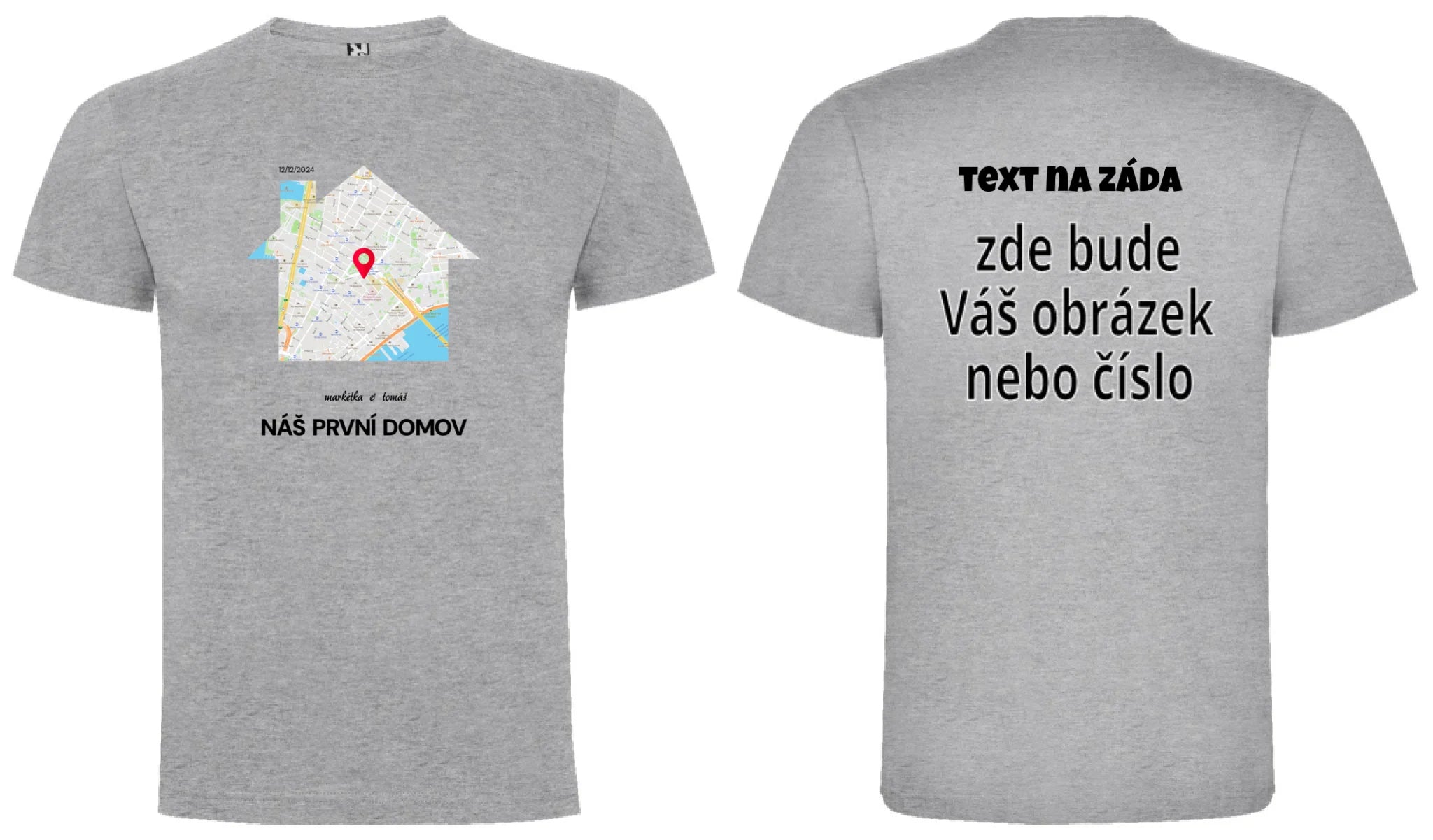 PÁNSKÉ TRIČKO s motivem RODINA TADY TO ZAČALO (vyberete tvar mapy, místo, doplníte texty) oboustranný potisk pánské DOGO Melír