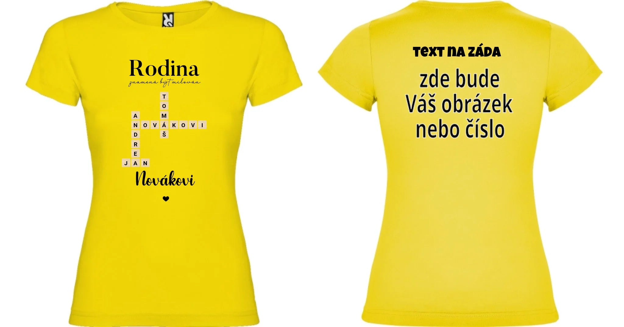 DÁMSKÉ TRIČKO s motivem RODINA SCRABLE (vložíte jména, doplníte texty) oboustranný potisk dámské jamaica Žlutá