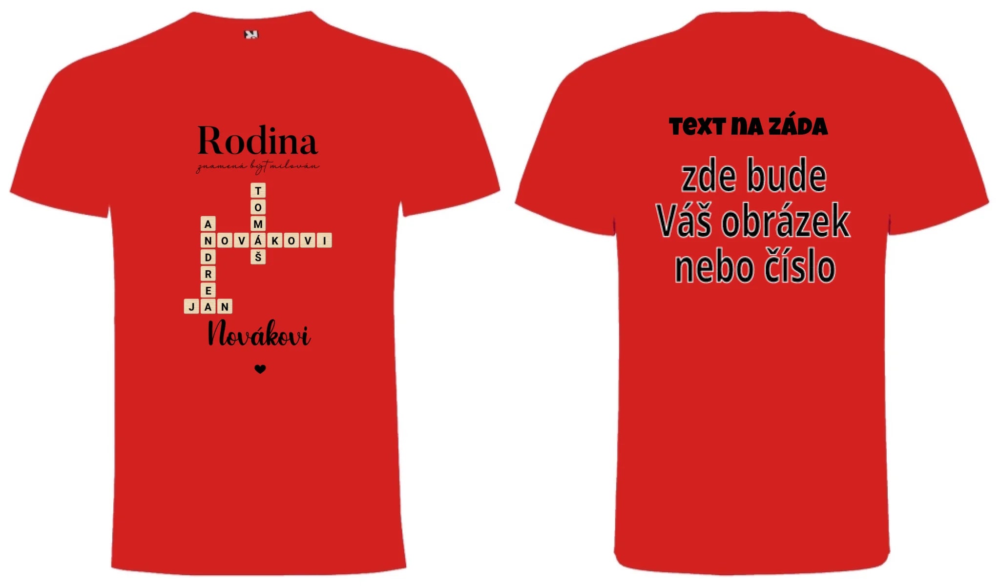 CHLAPECKÉ TRIČKO s motivem RODINA SCRABLE (vložíte jména, doplníte texty) oboustranný potisk chlapecké DOGO Červená