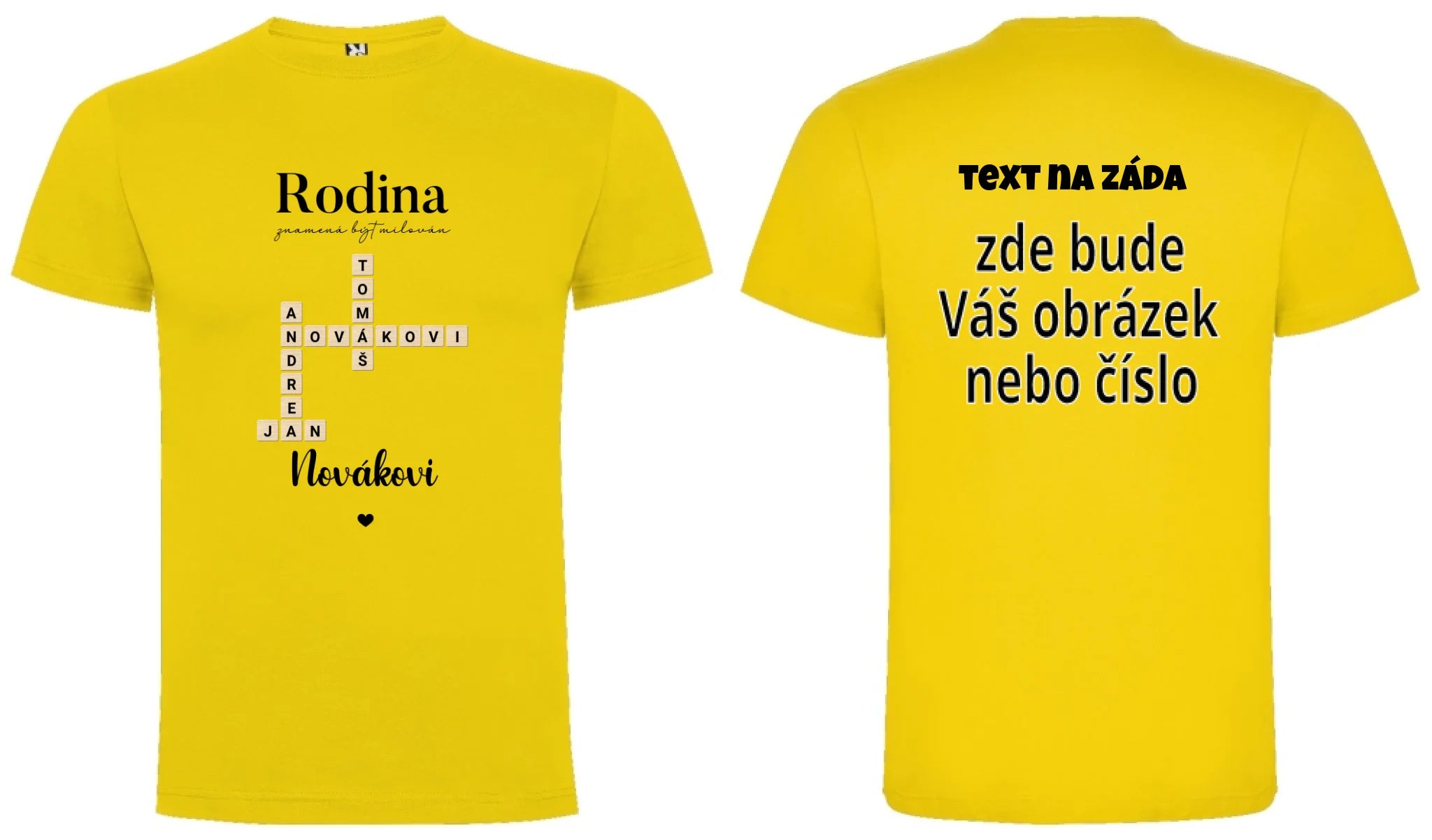 CHLAPECKÉ TRIČKO s motivem RODINA SCRABLE (vložíte jména, doplníte texty) oboustranný potisk chlapecké DOGO Žlutá