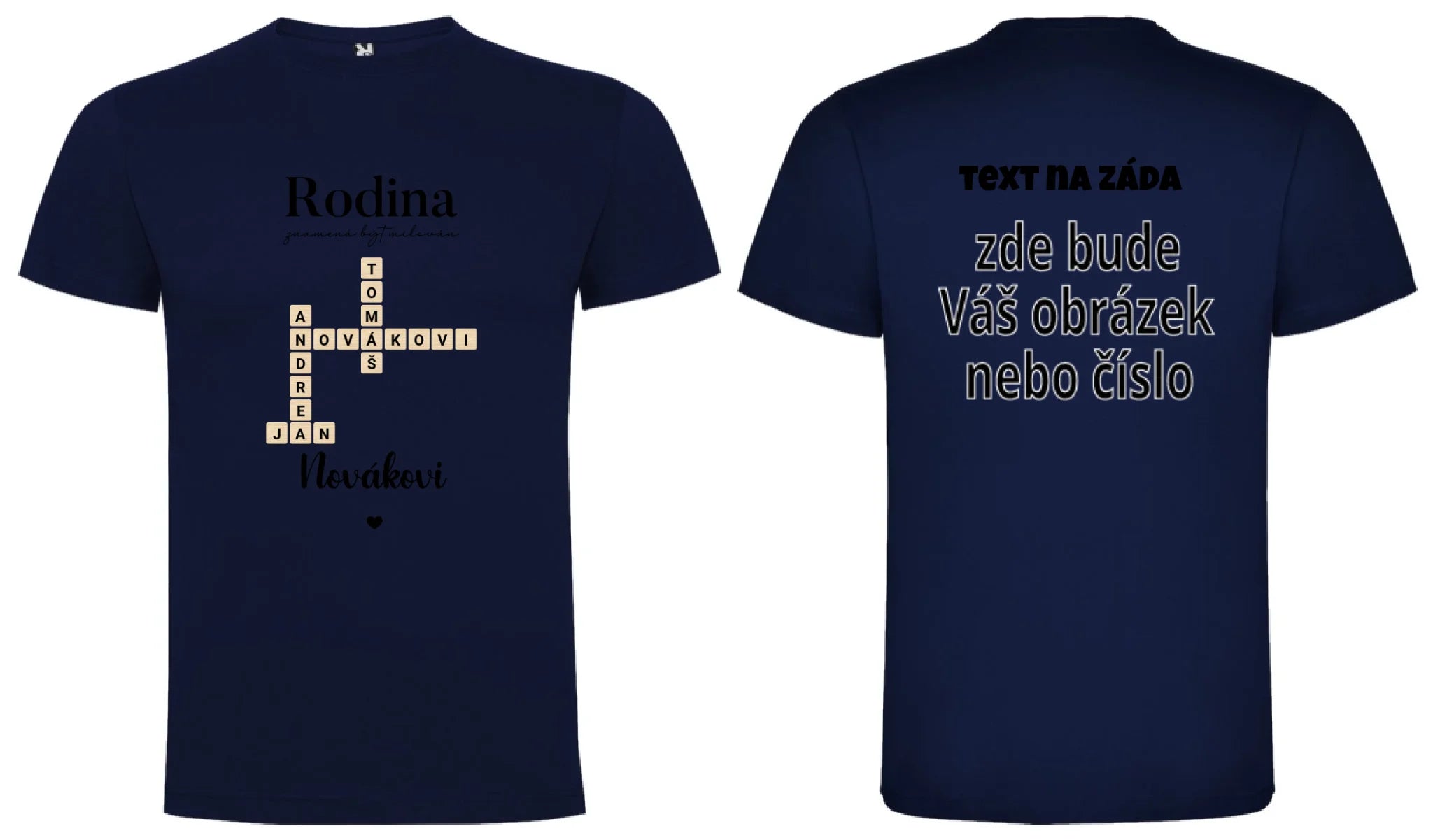 CHLAPECKÉ TRIČKO s motivem RODINA SCRABLE (vložíte jména, doplníte texty) oboustranný potisk chlapecké DOGO Námořnická modrá
