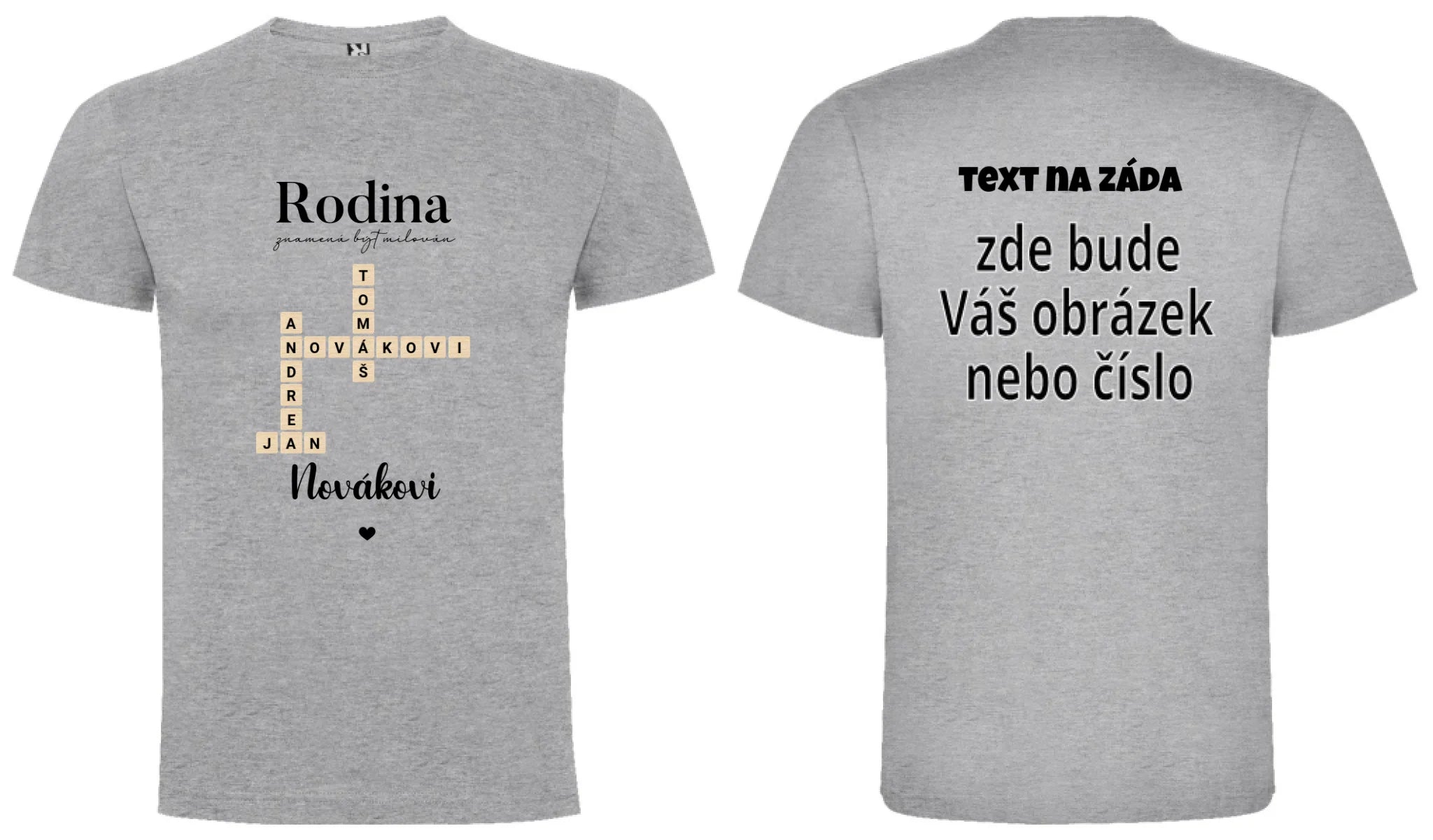 PÁNSKÉ TRIČKO s motivem RODINA SCRABLE (vložíte jména, doplníte texty) oboustranný potisk pánské DOGO Melír