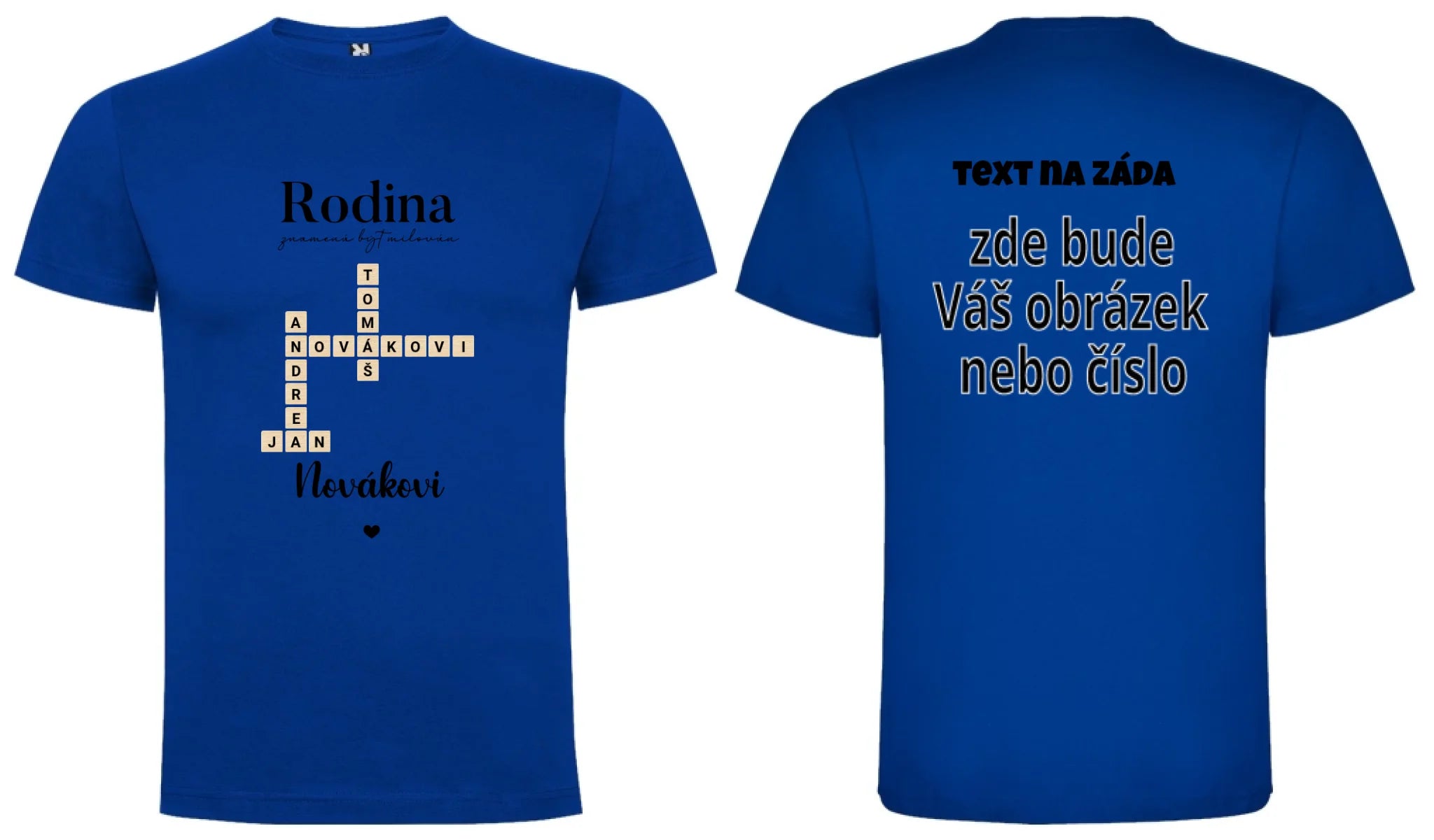 PÁNSKÉ TRIČKO s motivem RODINA SCRABLE (vložíte jména, doplníte texty) oboustranný potisk pánské DOGO Modrá