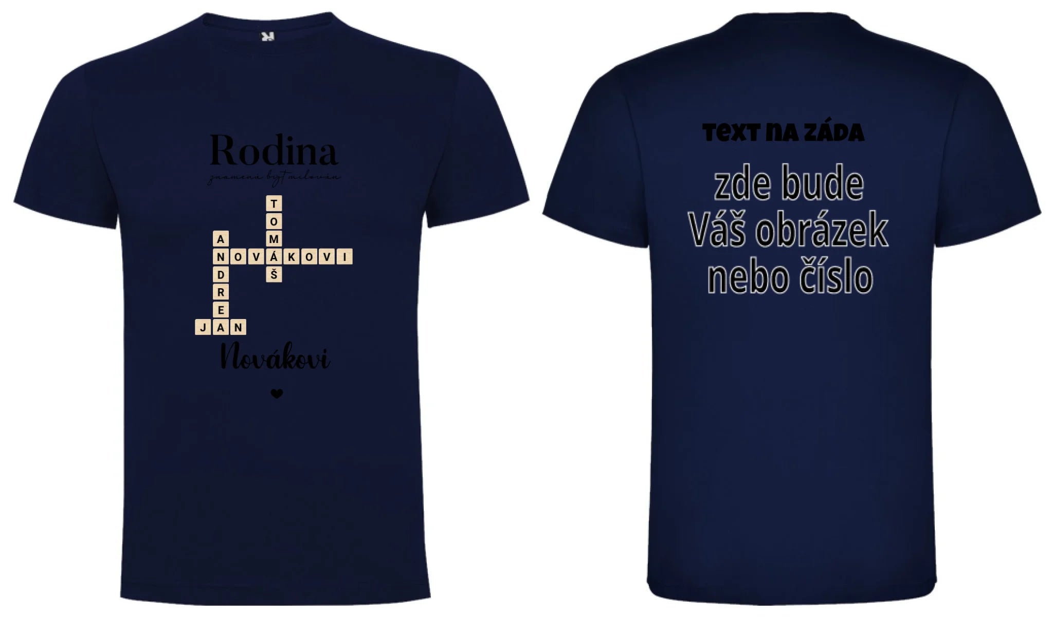 PÁNSKÉ TRIČKO s motivem RODINA SCRABLE (vložíte jména, doplníte texty) oboustranný potisk pánské DOGO Námořnická modrá