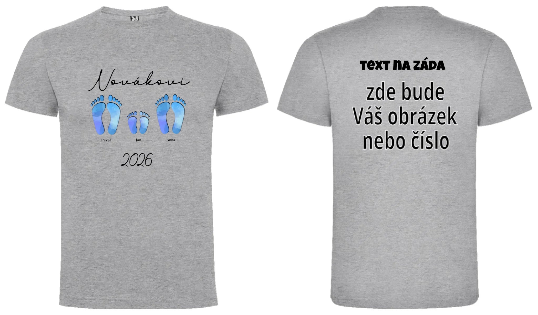 CHLAPECKÉ TRIČKO s motivem RODINA NAŠE STOPY (doplníte jména a další texty) oboustranný potisk chlapecké DOGO Melír