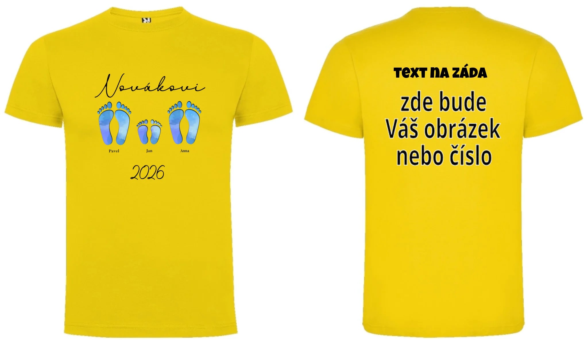 CHLAPECKÉ TRIČKO s motivem RODINA NAŠE STOPY (doplníte jména a další texty) oboustranný potisk chlapecké DOGO Žlutá