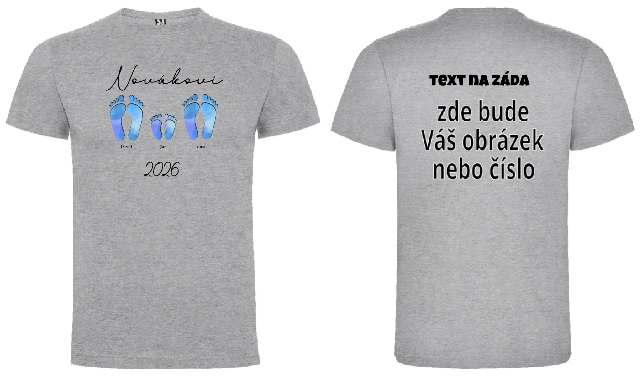 PÁNSKÉ TRIČKO s motivem RODINA NAŠE STOPY (doplníte jména a další texty) oboustranný potisk pánské DOGO Melír