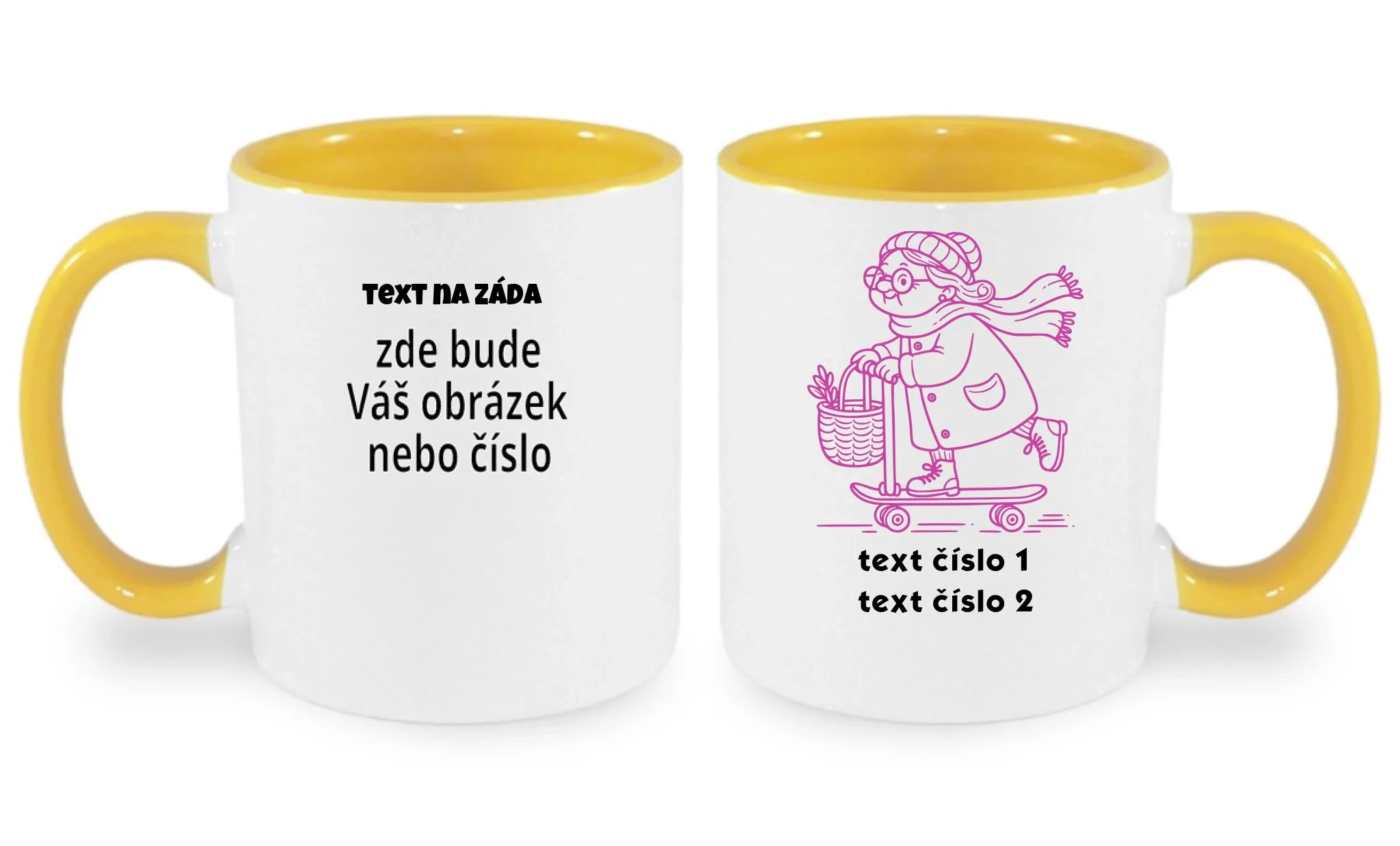 HRNÍČEK s motivem BABIČKA (výběr z 10+ obrázků, možnost doplnit vlastní texty) oboustranný potisk hrníček Bílá žlutá 330 ml