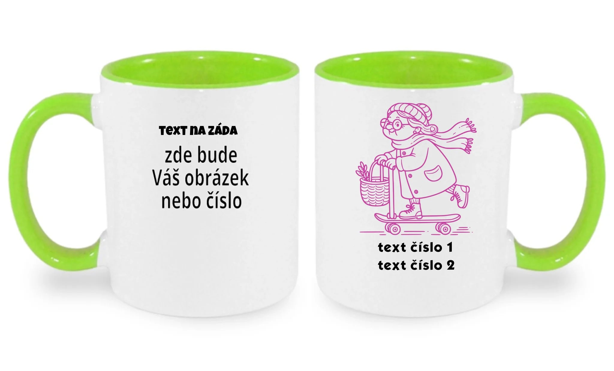 HRNÍČEK s motivem BABIČKA (výběr z 10+ obrázků, možnost doplnit vlastní texty) oboustranný potisk hrníček Bílá zelená 330 ml
