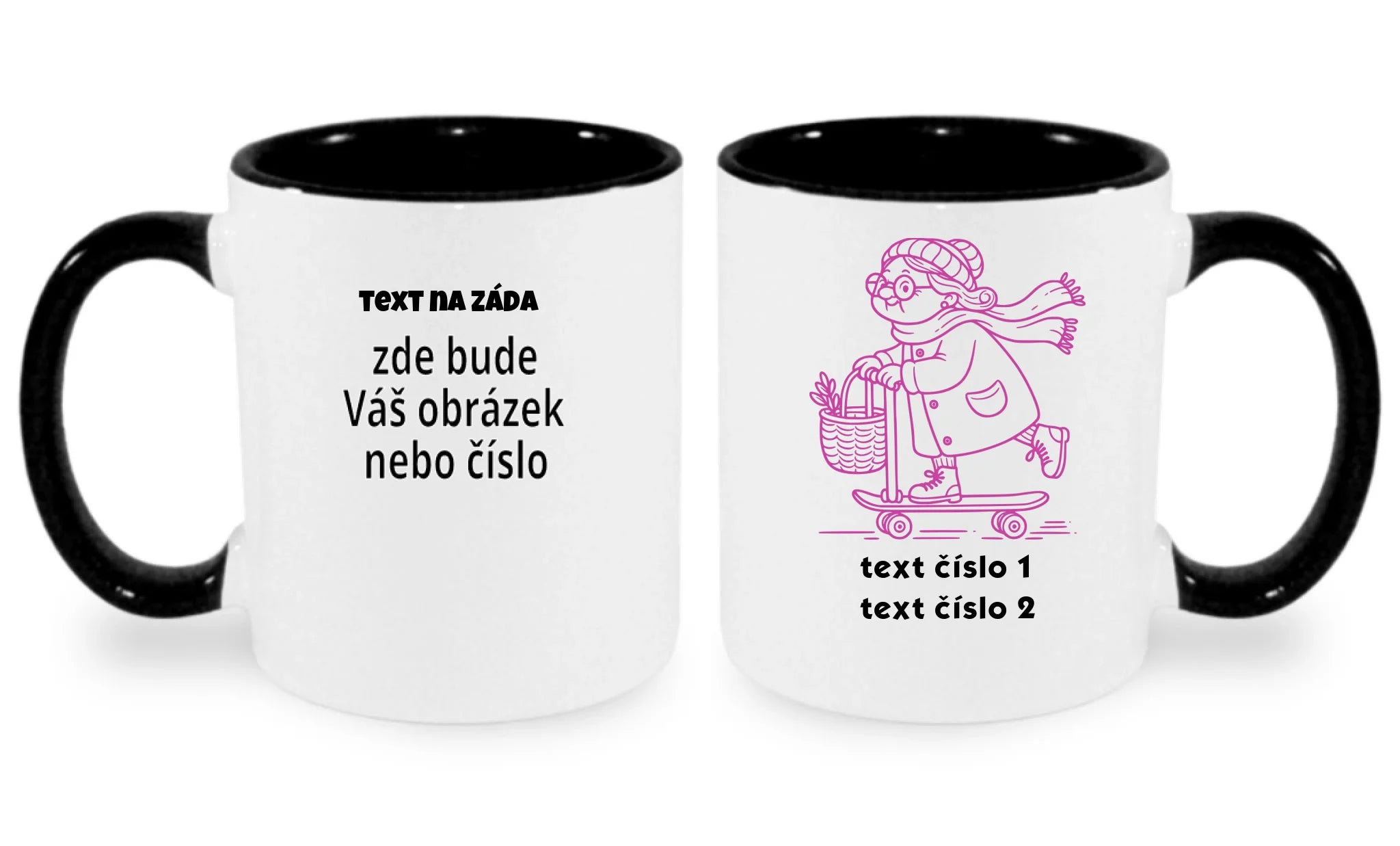 HRNÍČEK s motivem BABIČKA (výběr z 10+ obrázků, možnost doplnit vlastní texty) oboustranný potisk hrníček Bílá černá 330 ml