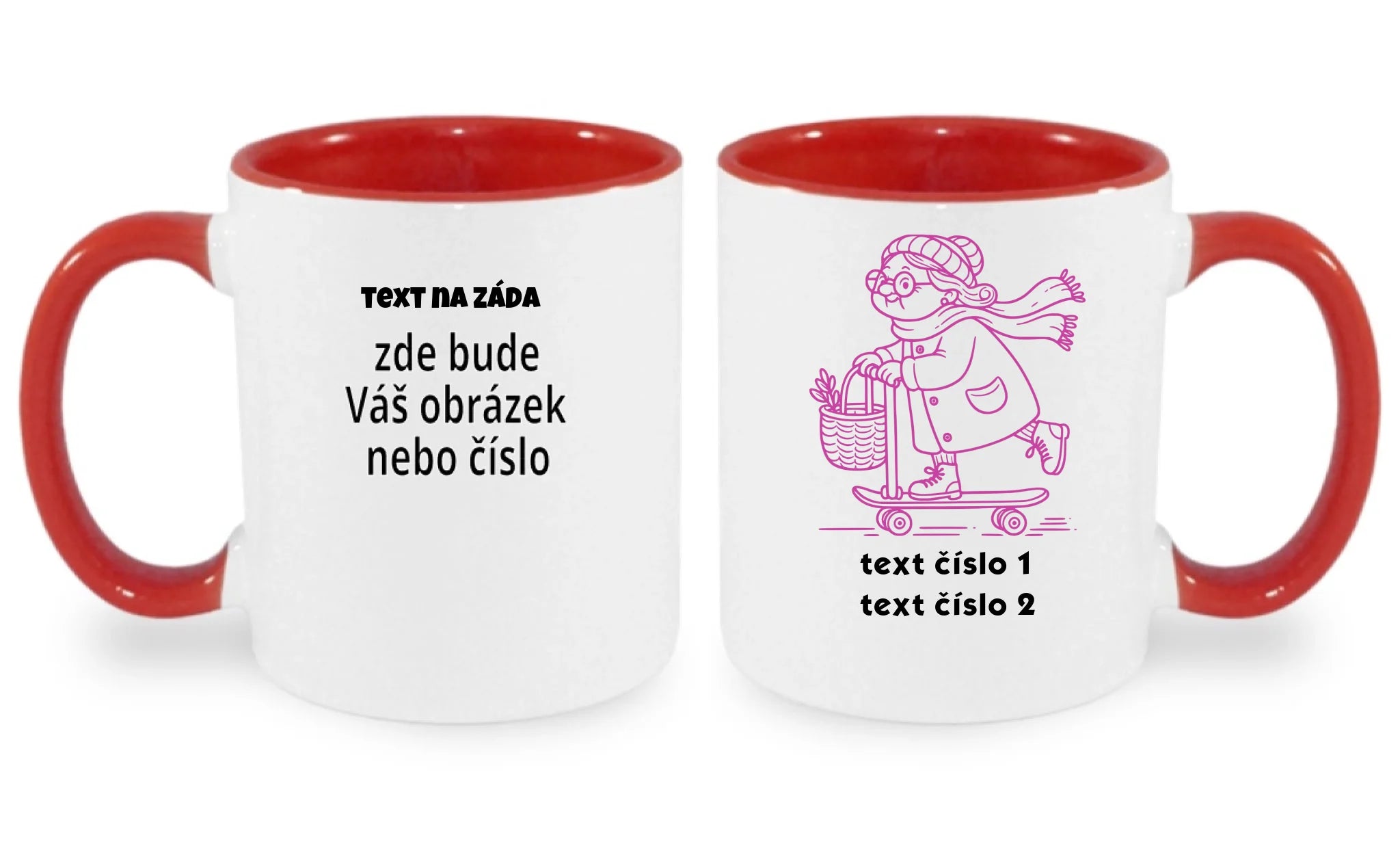 HRNÍČEK s motivem BABIČKA (výběr z 10+ obrázků, možnost doplnit vlastní texty) oboustranný potisk hrníček Bílá červená 330 ml