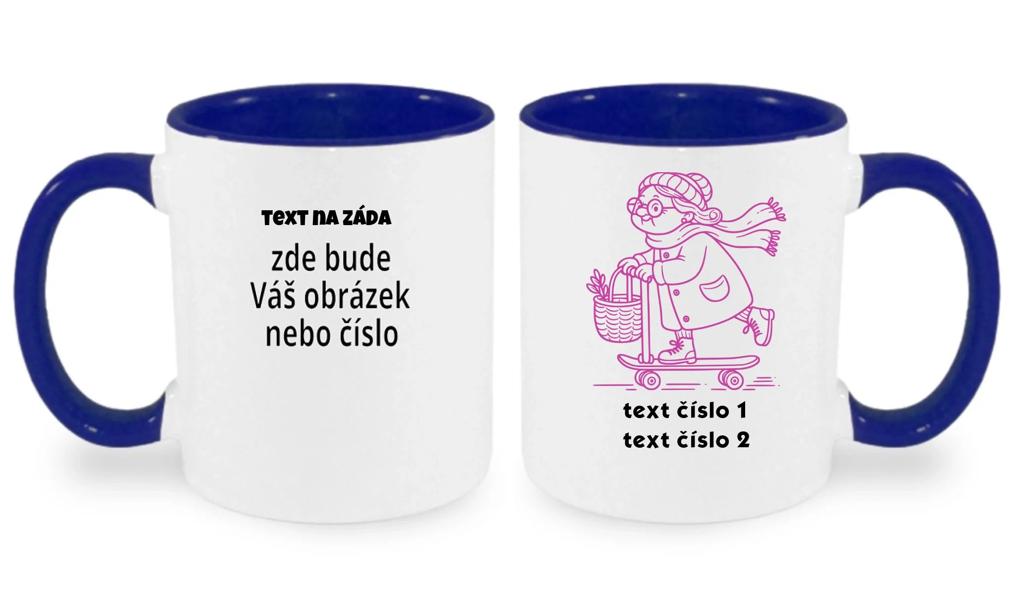 HRNÍČEK s motivem BABIČKA (výběr z 10+ obrázků, možnost doplnit vlastní texty) oboustranný potisk hrníček Bílá modrá 330 ml