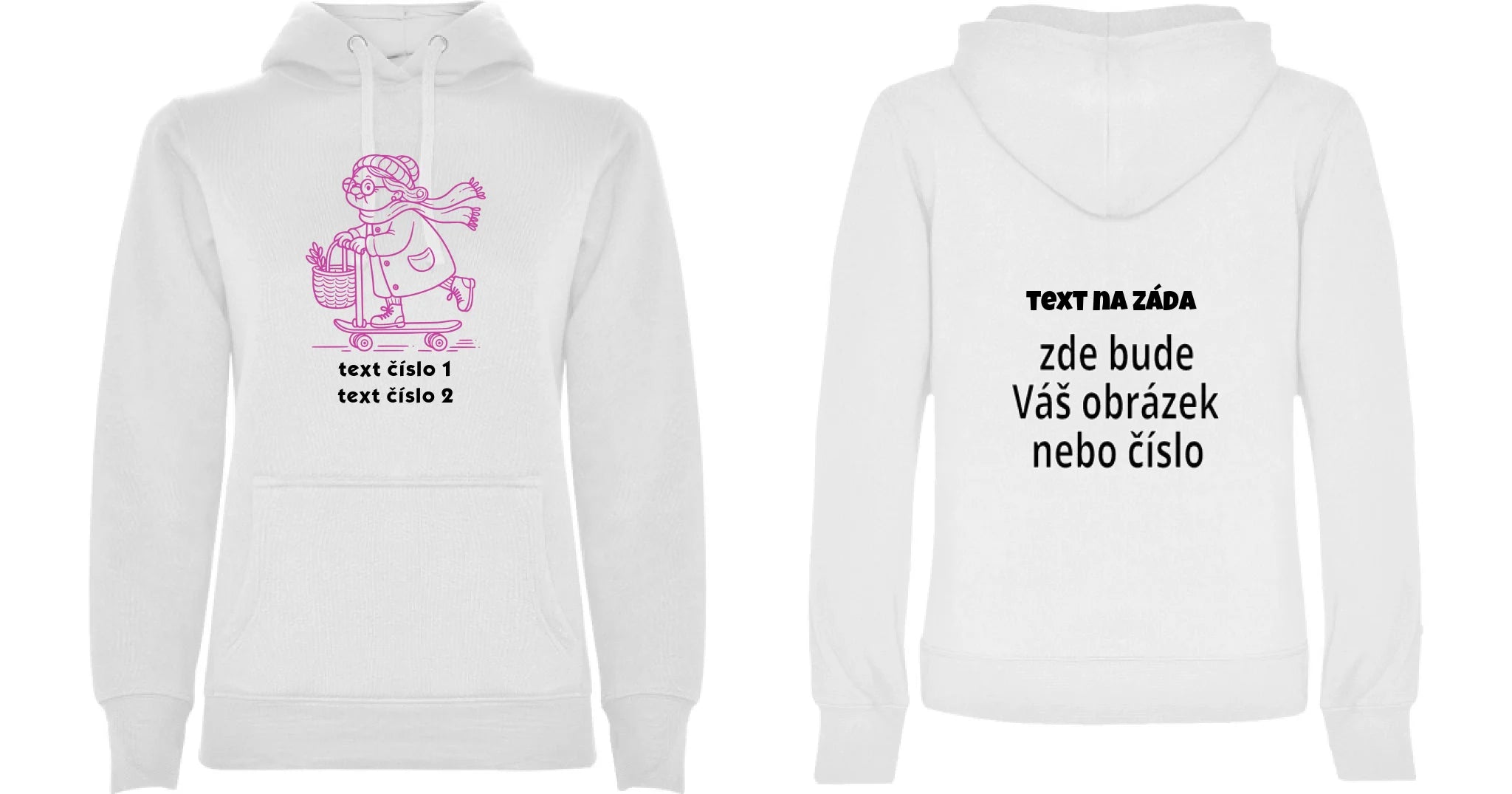 DÁMSKÁ MIKINA S KAPUCÍ s motivem BABIČKA (výběr z 10+ obrázků, možnost doplnit vlastní texty) oboustranný potisk dámská mikina URBAN Bílá