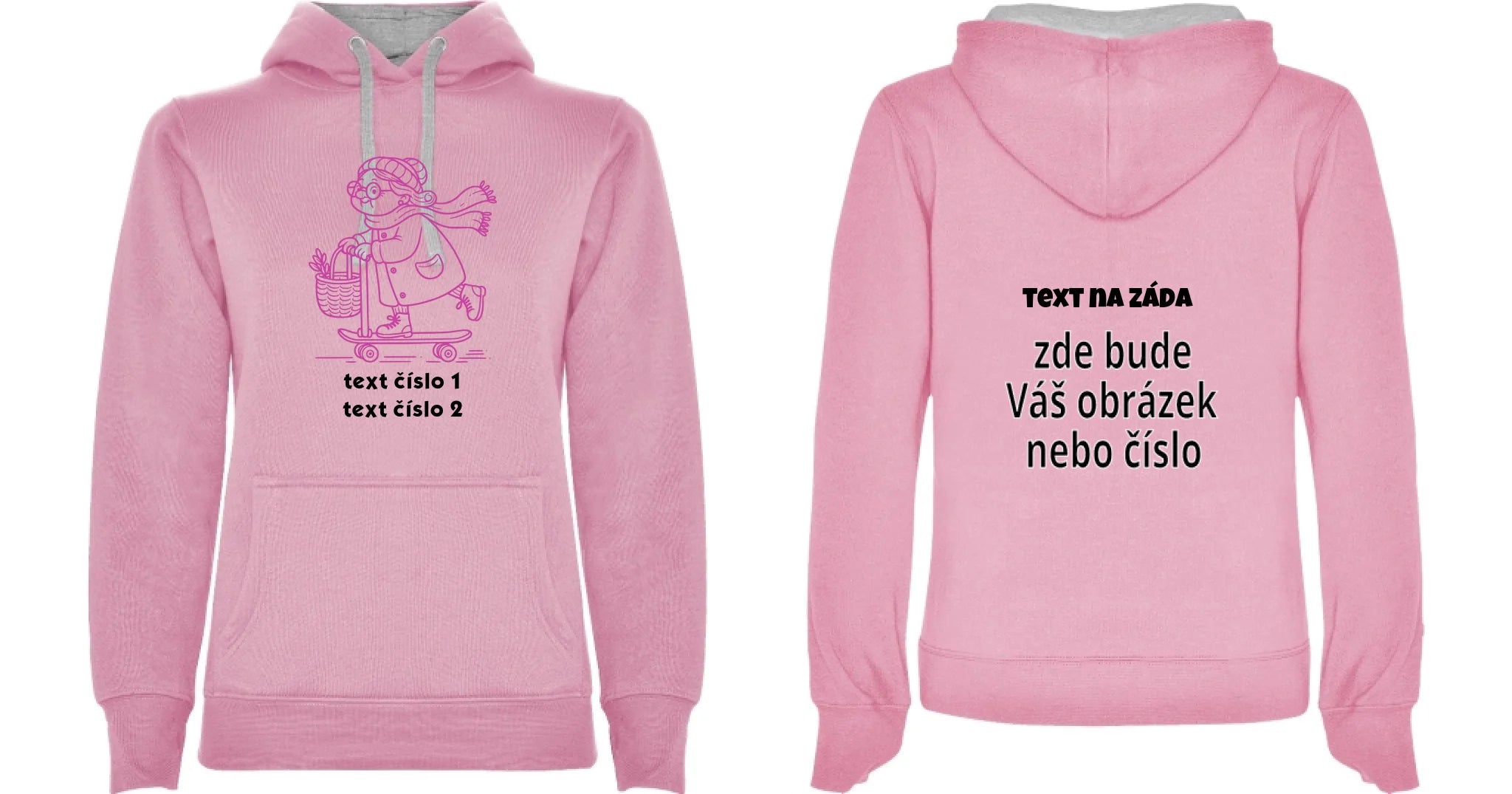 DÁMSKÁ MIKINA S KAPUCÍ s motivem BABIČKA (výběr z 10+ obrázků, možnost doplnit vlastní texty) oboustranný potisk dámská mikina URBAN Růžová melír