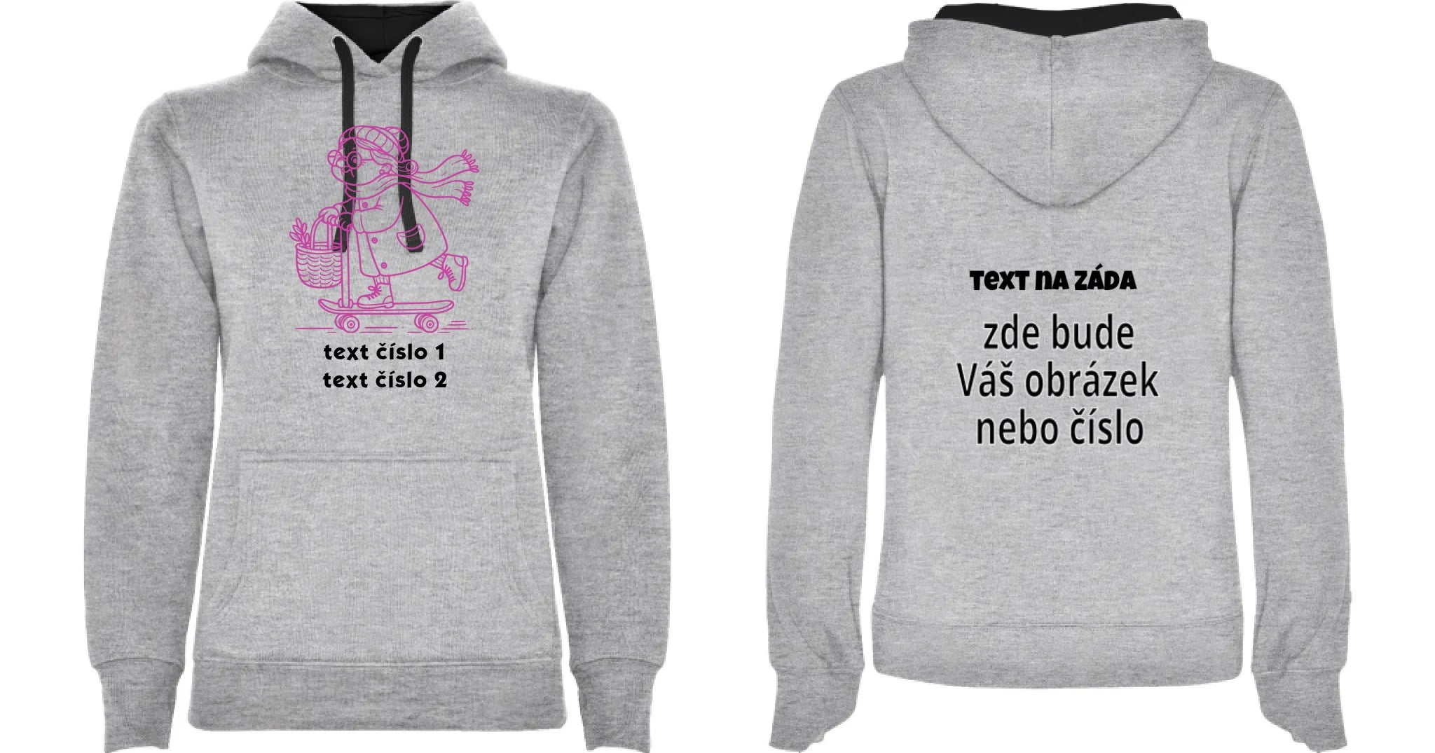 DÁMSKÁ MIKINA S KAPUCÍ s motivem BABIČKA (výběr z 10+ obrázků, možnost doplnit vlastní texty) oboustranný potisk dámská mikina URBAN Melír černá