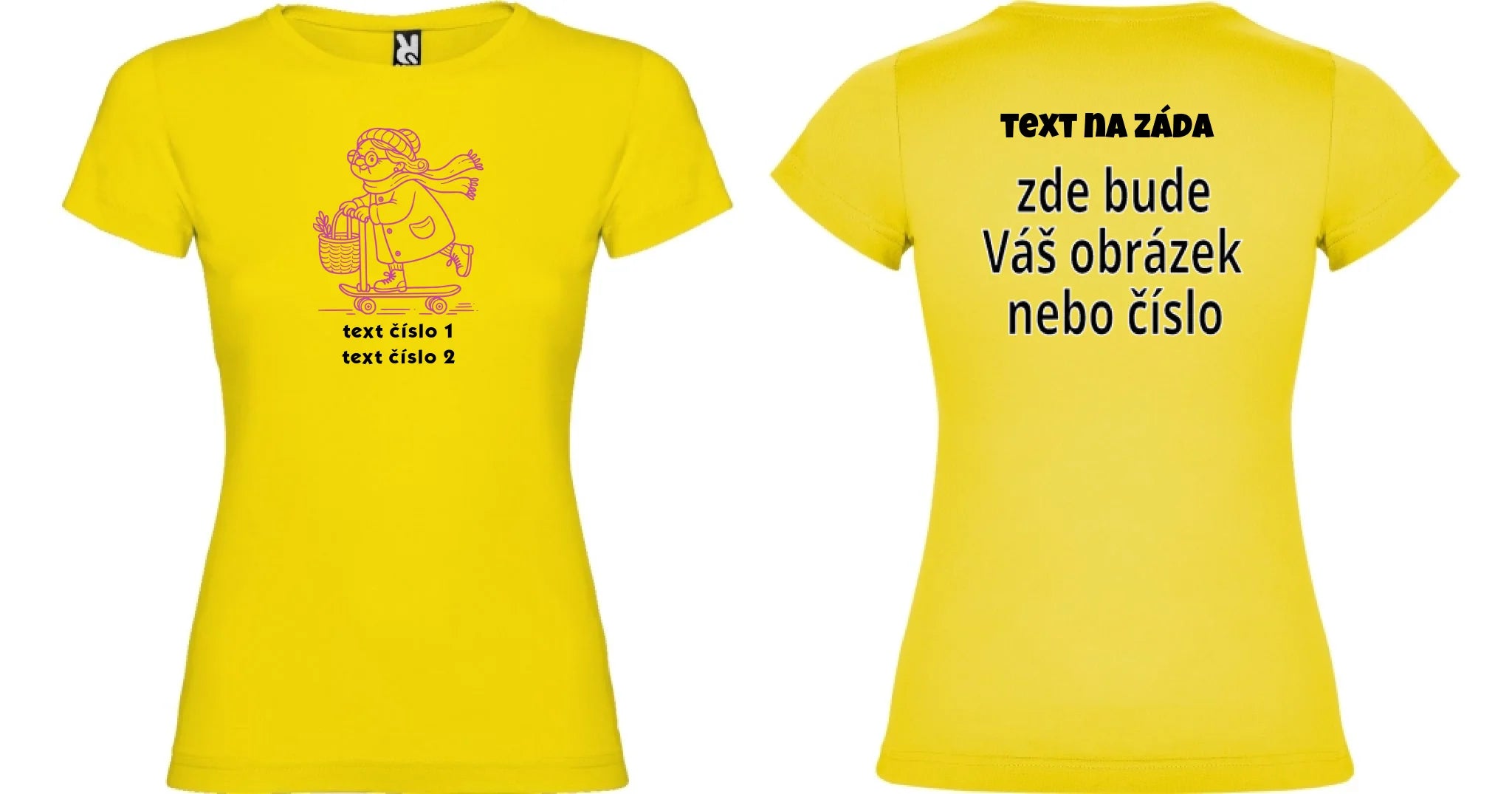 DÁMSKÉ TRIČKO s motivem BABIČKA (výběr z 10+ obrázků, možnost doplnit vlastní texty) oboustranný potisk dámské jamaica Žlutá