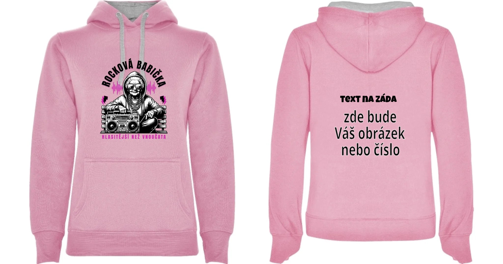 DÁMSKÁ MIKINA S KAPUCÍ s motivem ROCKOVÁ BABIČKA oboustranný potisk dámská mikina URBAN Růžová melír
