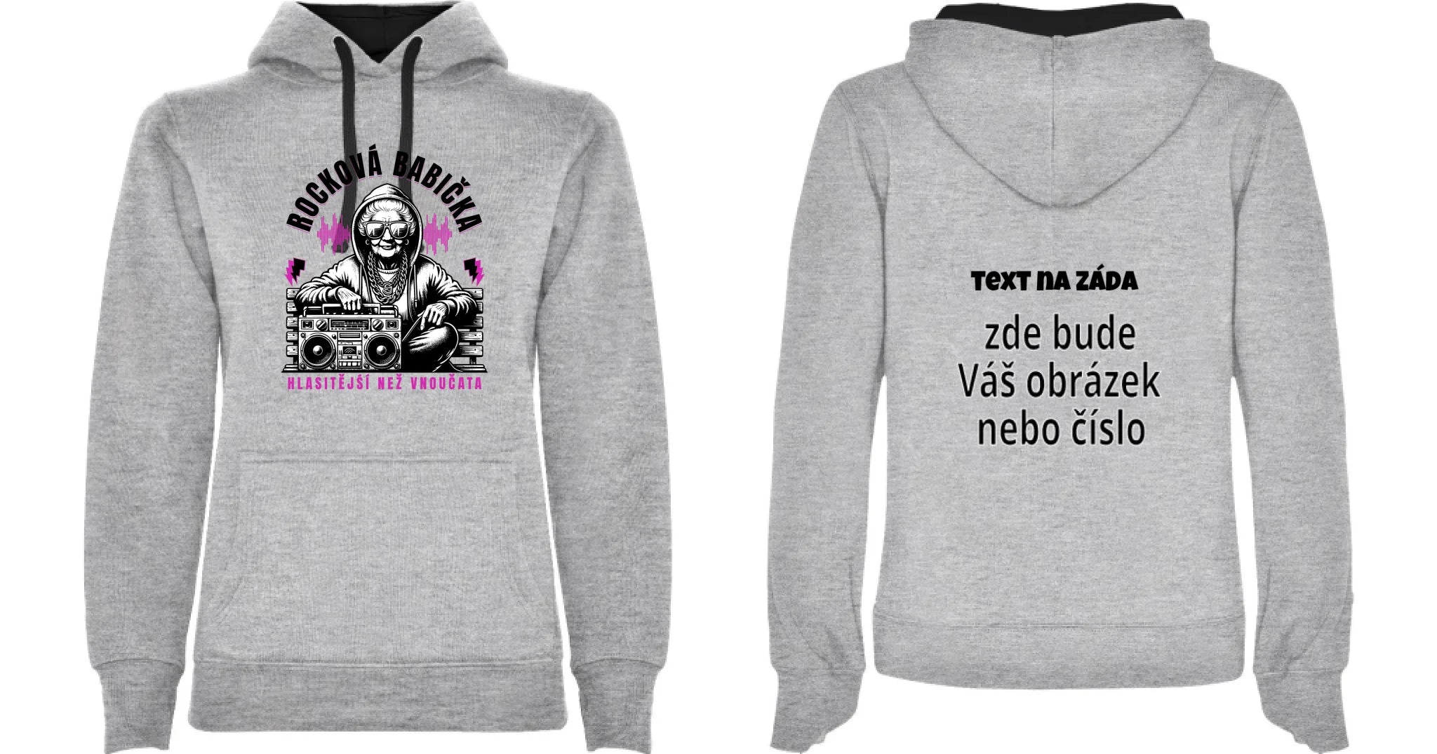 DÁMSKÁ MIKINA S KAPUCÍ s motivem ROCKOVÁ BABIČKA oboustranný potisk dámská mikina URBAN Melír černá