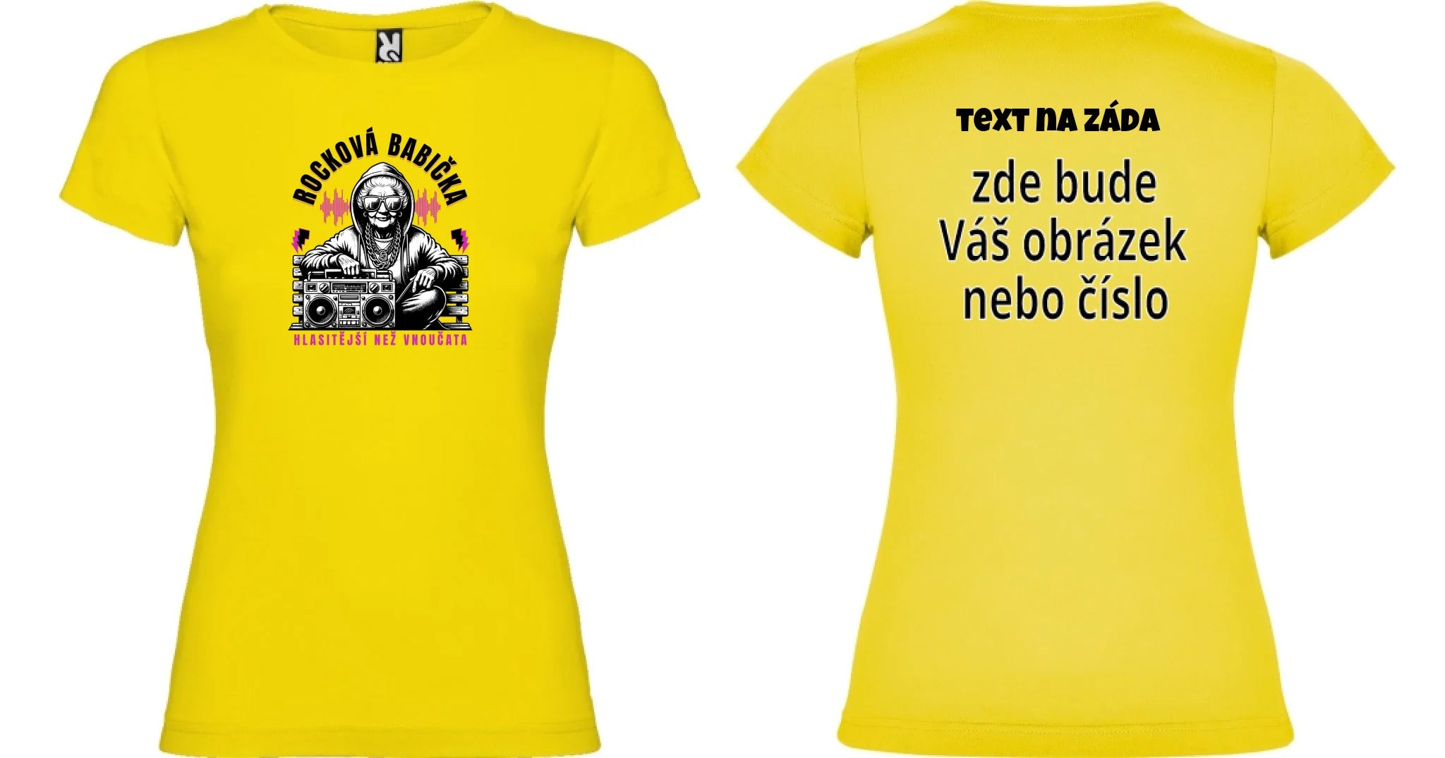 DÁMSKÉ TRIČKO s motivem ROCKOVÁ BABIČKA oboustranný potisk dámské jamaica Žlutá