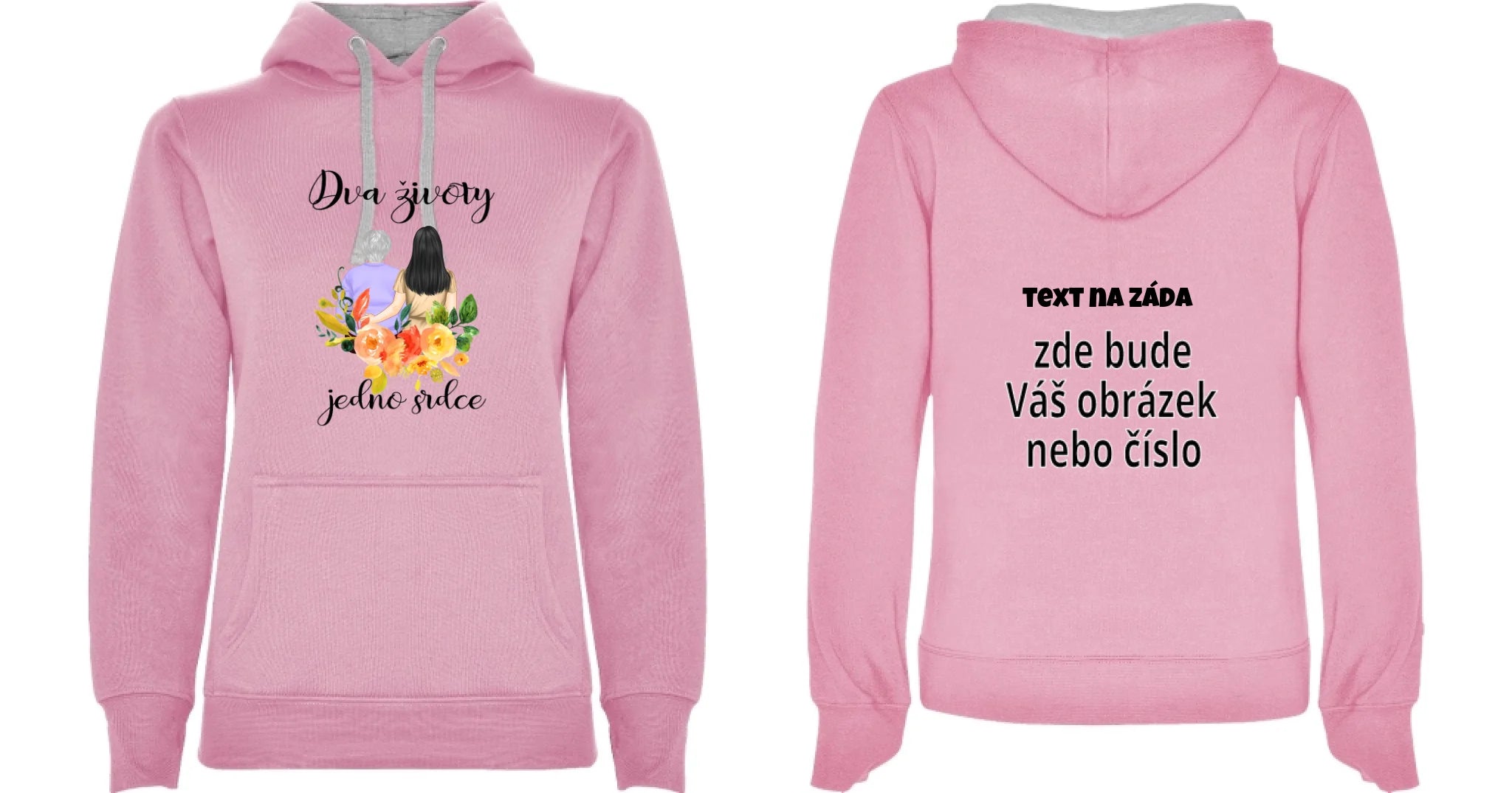 DÁMSKÁ MIKINA S KAPUCÍ s motivem MÁMA A DCERA (vyberete nebo vložíte text) oboustranný potisk dámská mikina URBAN Růžová melír