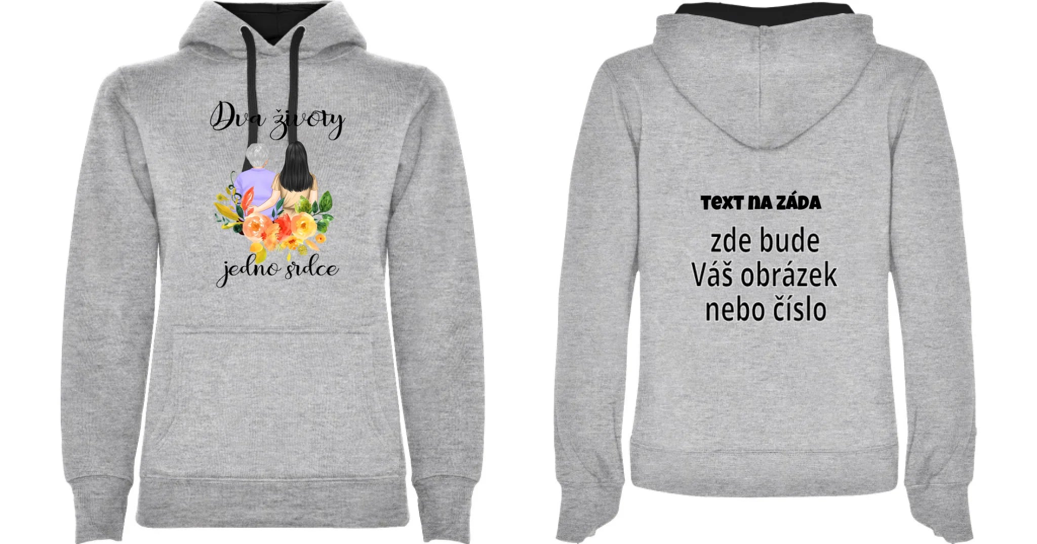 DÁMSKÁ MIKINA S KAPUCÍ s motivem MÁMA A DCERA (vyberete nebo vložíte text) oboustranný potisk dámská mikina URBAN Melír černá
