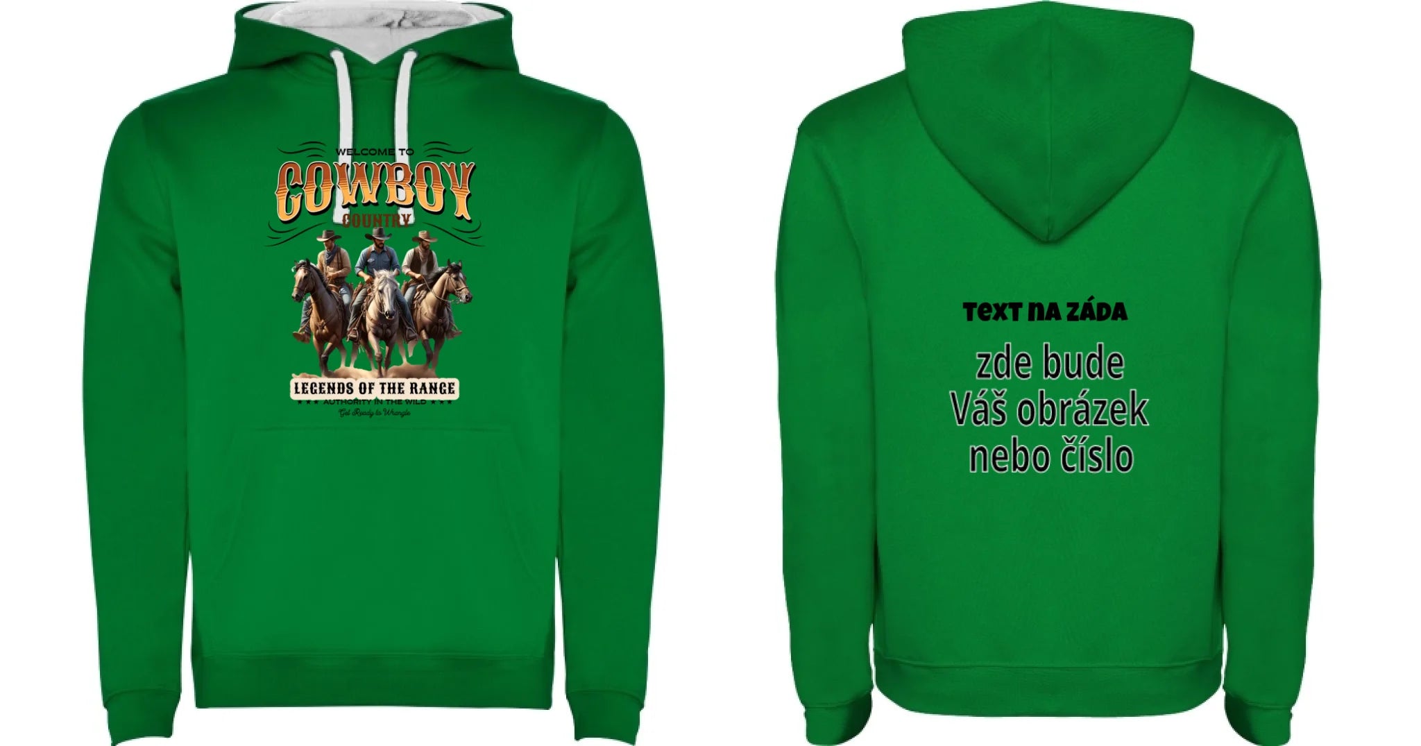 DĚTSKÁ MIKINA S KAPUCÍ s motivem COWBOY (2+ motivy) oboustranný potisk dětská mikina URBAN Sytě zelená bílá