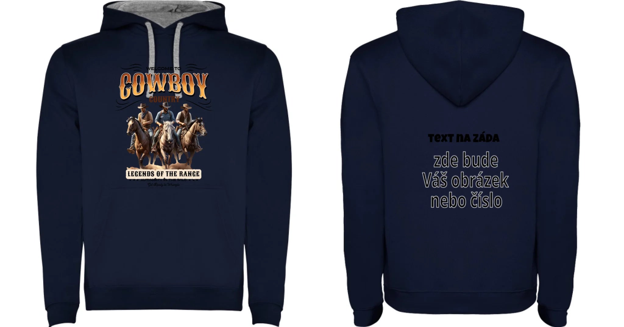 DĚTSKÁ MIKINA S KAPUCÍ s motivem COWBOY (2+ motivy) oboustranný potisk dětská mikina URBAN Námořnická modrá melír