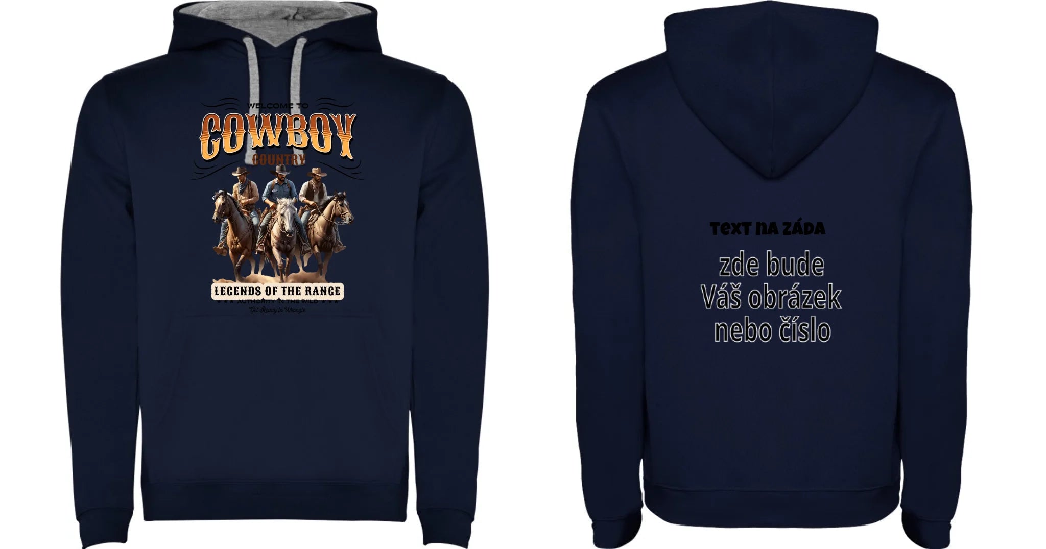 PÁNSKÁ MIKINA S KAPUCÍ s motivem COWBOY (2+ motivy) oboustranný potisk pánská mikina URBAN Námořnická modrá melír