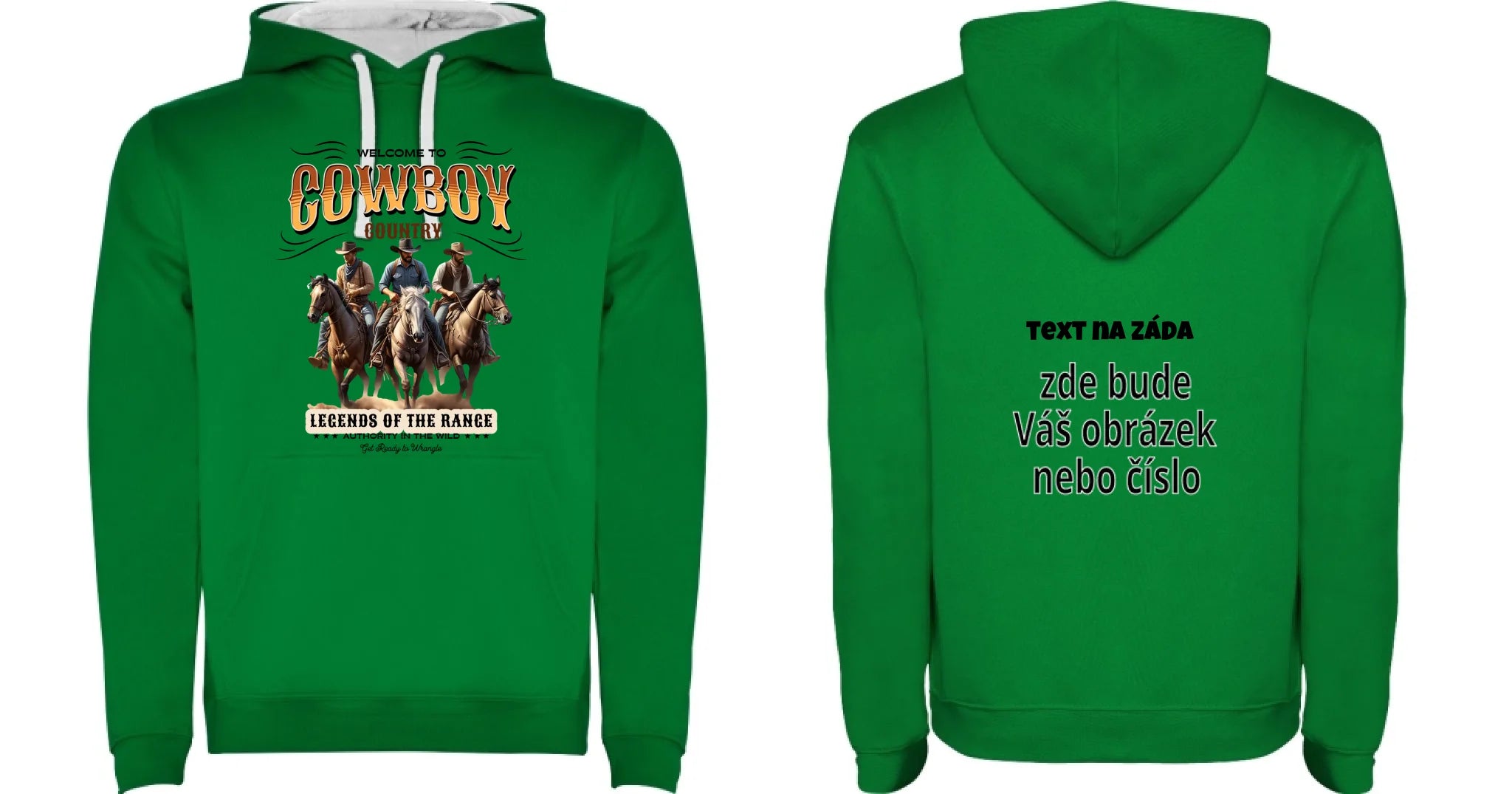PÁNSKÁ MIKINA S KAPUCÍ s motivem COWBOY (2+ motivy) oboustranný potisk pánská mikina URBAN Sytě zelená bílá