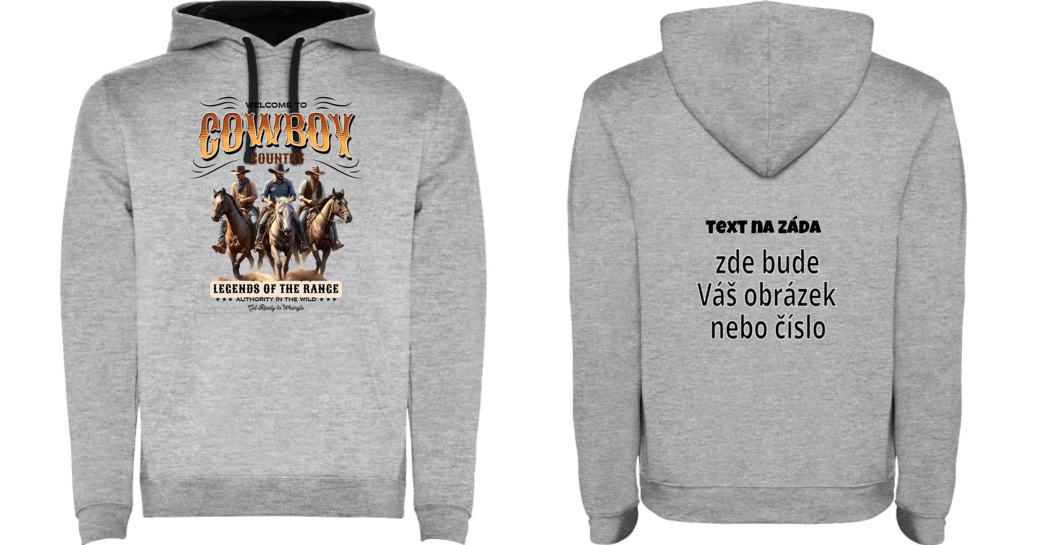 PÁNSKÁ MIKINA S KAPUCÍ s motivem COWBOY (2+ motivy) oboustranný potisk pánská mikina URBAN Melír černá