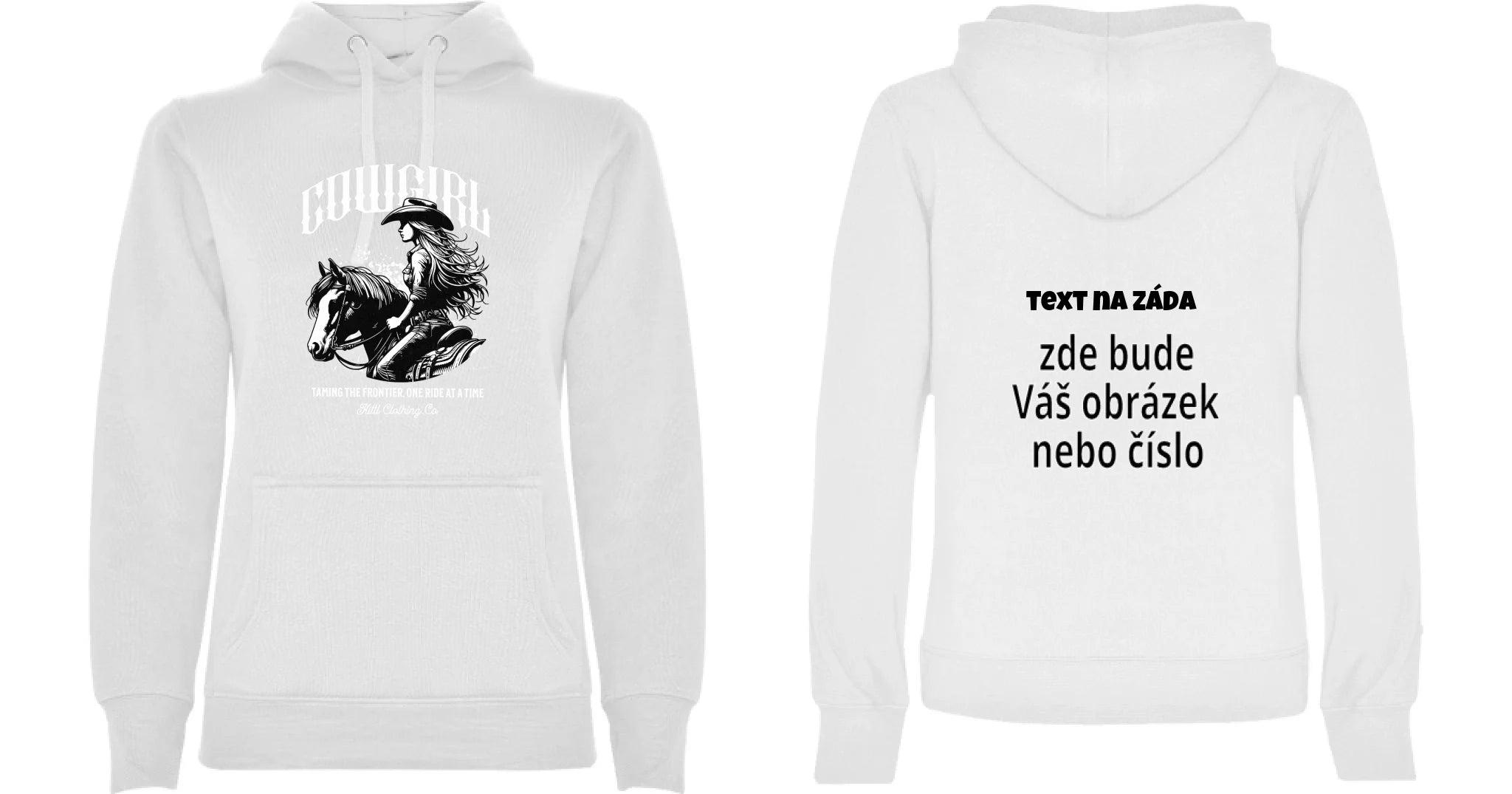DÁMSKÁ MIKINA S KAPUCÍ s motivem COWGIRL (5+ motivů) oboustranný potisk dámská mikina URBAN Bílá