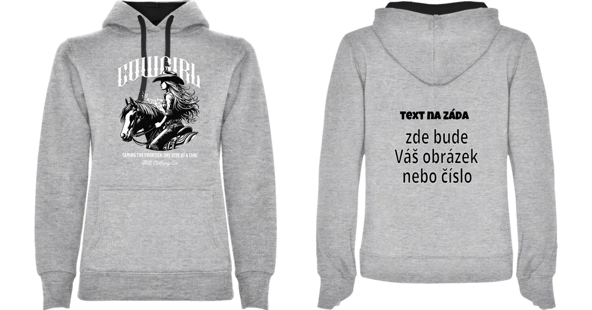 DÁMSKÁ MIKINA S KAPUCÍ s motivem COWGIRL (5+ motivů) oboustranný potisk dámská mikina URBAN Melír černá
