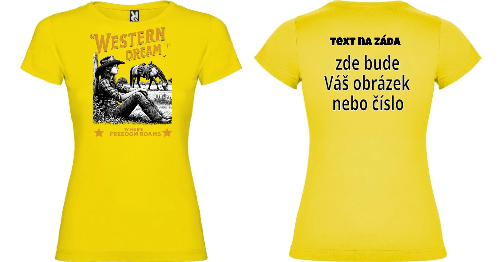 DÁMSKÉ TRIČKO s motivem COWGIRL (5+ motivů) oboustranný potisk dámské jamaica Žlutá