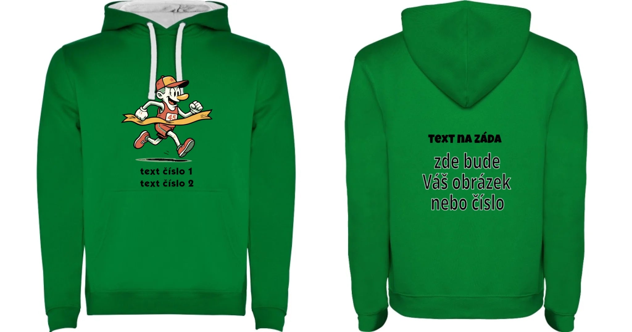 DĚTSKÁ MIKINA S KAPUCÍ s motivem BĚH, KOLO, PLAVÁNÍ (výběr z 25+ obrázků, možnost doplnit vlastní texty) oboustranný potisk dětská mikina URBAN Sytě zelená bílá