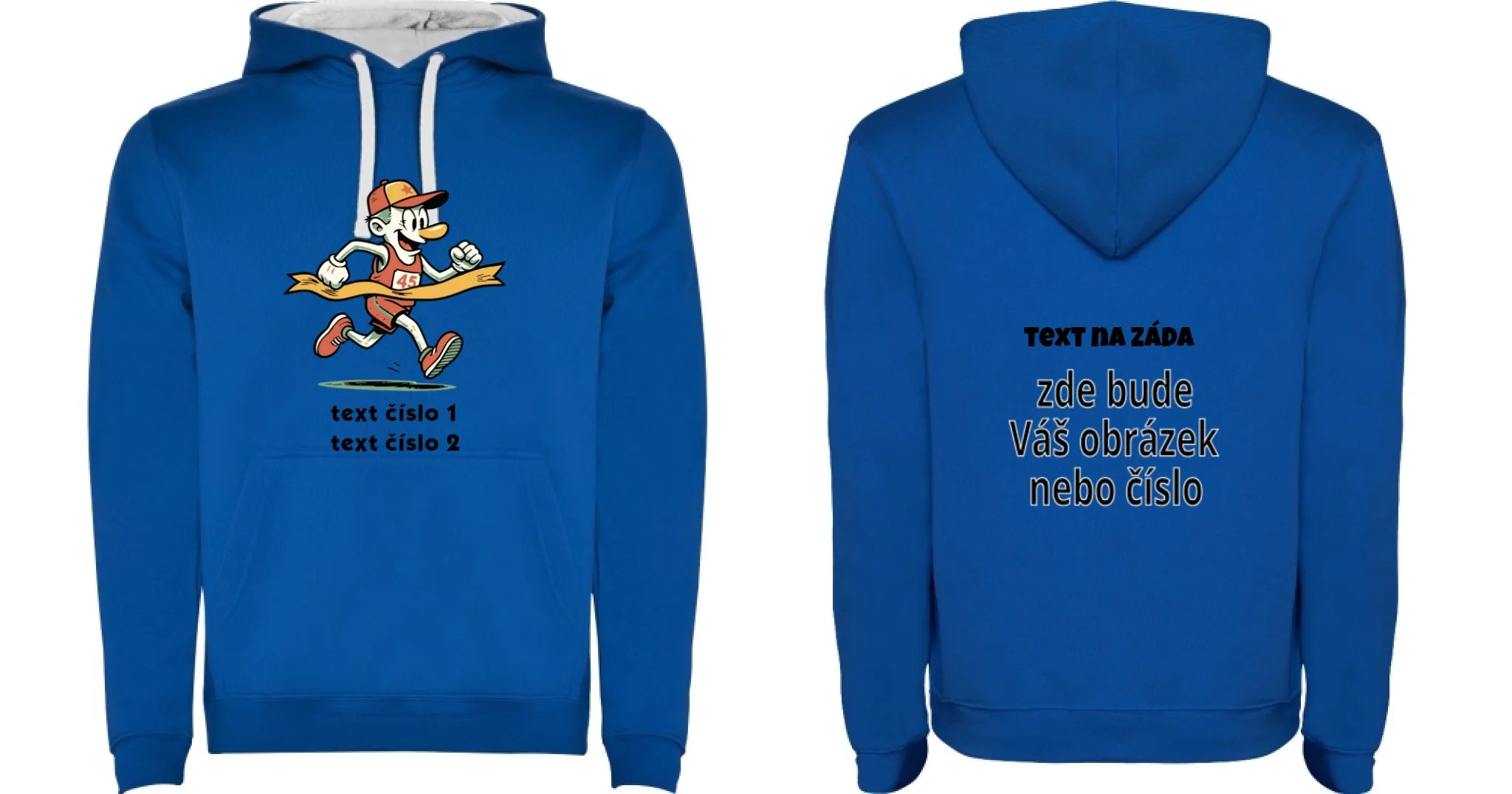 DĚTSKÁ MIKINA S KAPUCÍ s motivem BĚH, KOLO, PLAVÁNÍ (výběr z 25+ obrázků, možnost doplnit vlastní texty) oboustranný potisk dětská mikina URBAN Modrá bílá
