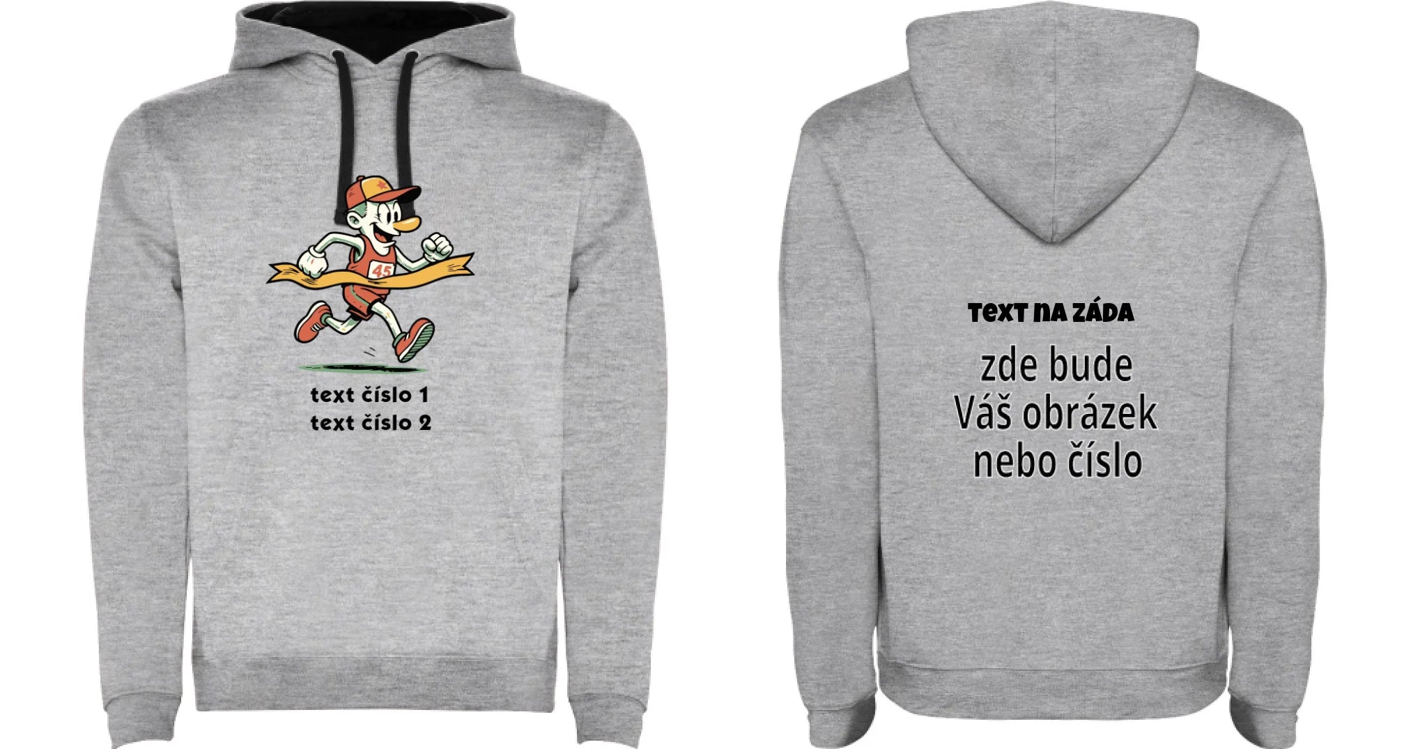 DĚTSKÁ MIKINA S KAPUCÍ s motivem BĚH, KOLO, PLAVÁNÍ (výběr z 25+ obrázků, možnost doplnit vlastní texty) oboustranný potisk dětská mikina URBAN Melír černá