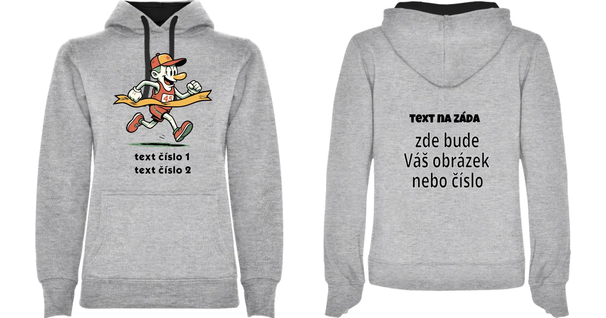 DÁMSKÁ MIKINA S KAPUCÍ s motivem BĚH, KOLO, PLAVÁNÍ (výběr z 25+ obrázků, možnost doplnit vlastní texty) oboustranný potisk dámská mikina URBAN Melír černá